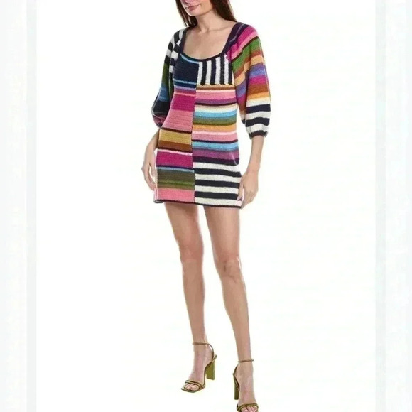 Anthropologie Farm Rio Stripe Mini Dress Crochet Knit Puff Sweater Chunky S $265 - Picture 6 of 12